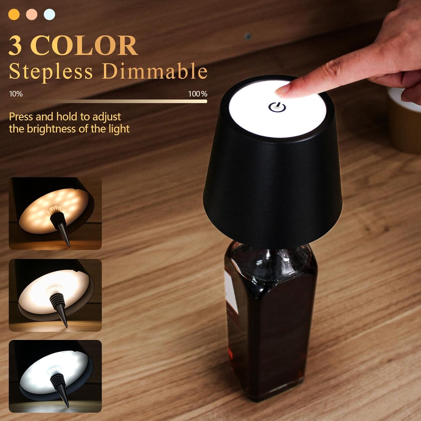 Mebaraul Wireless Bottle Lamp 3 Color Wine Bottle Lights Black Rechargeable, Touch Dimming, Bottle Lamp Shade, 2025 New, for Bedroom, Bar, Restaurants, Outdoor Use