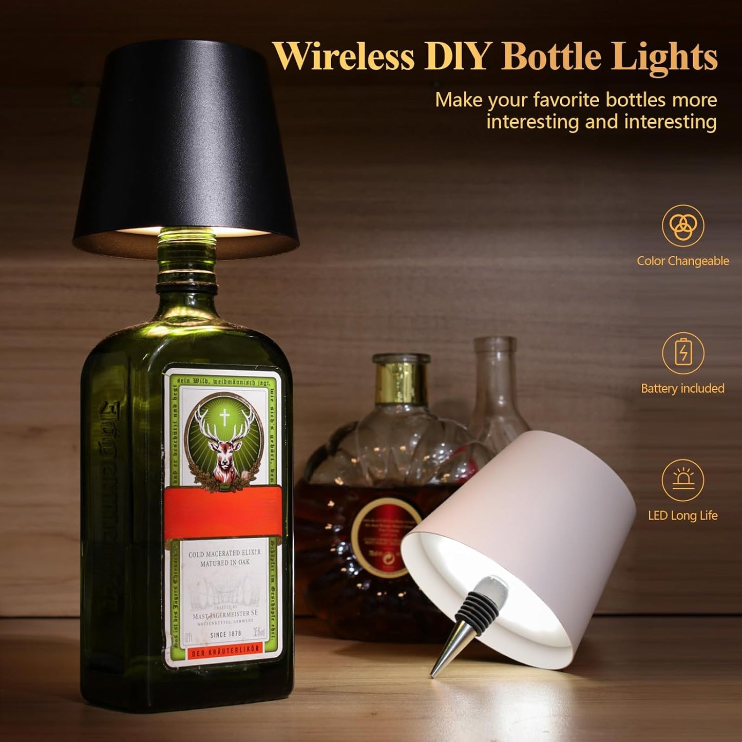 Mebaraul Wireless Bottle Lamp 3 Color Wine Bottle Lights Black Rechargeable, Touch Dimming, Bottle Lamp Shade, 2025 New, for Bedroom, Bar, Restaurants, Outdoor Use
