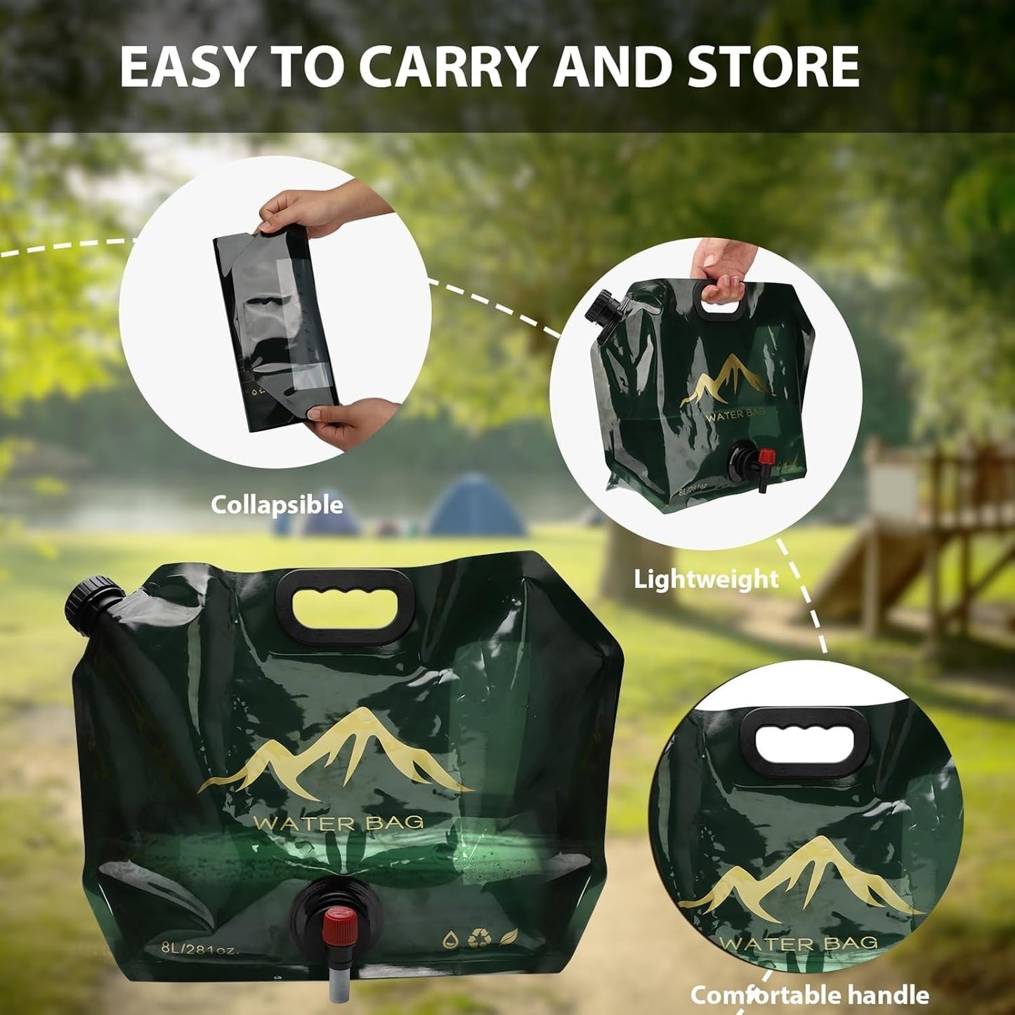 Vivue 8 Liter Collapsible Emergency Water Storage Bag with Tap for Camping, BPA Free Plastic Water Carrier Tank, Foldable Water Jug Container Bag for Travel, Hiking,Desert Survival,Outdoor Adventure