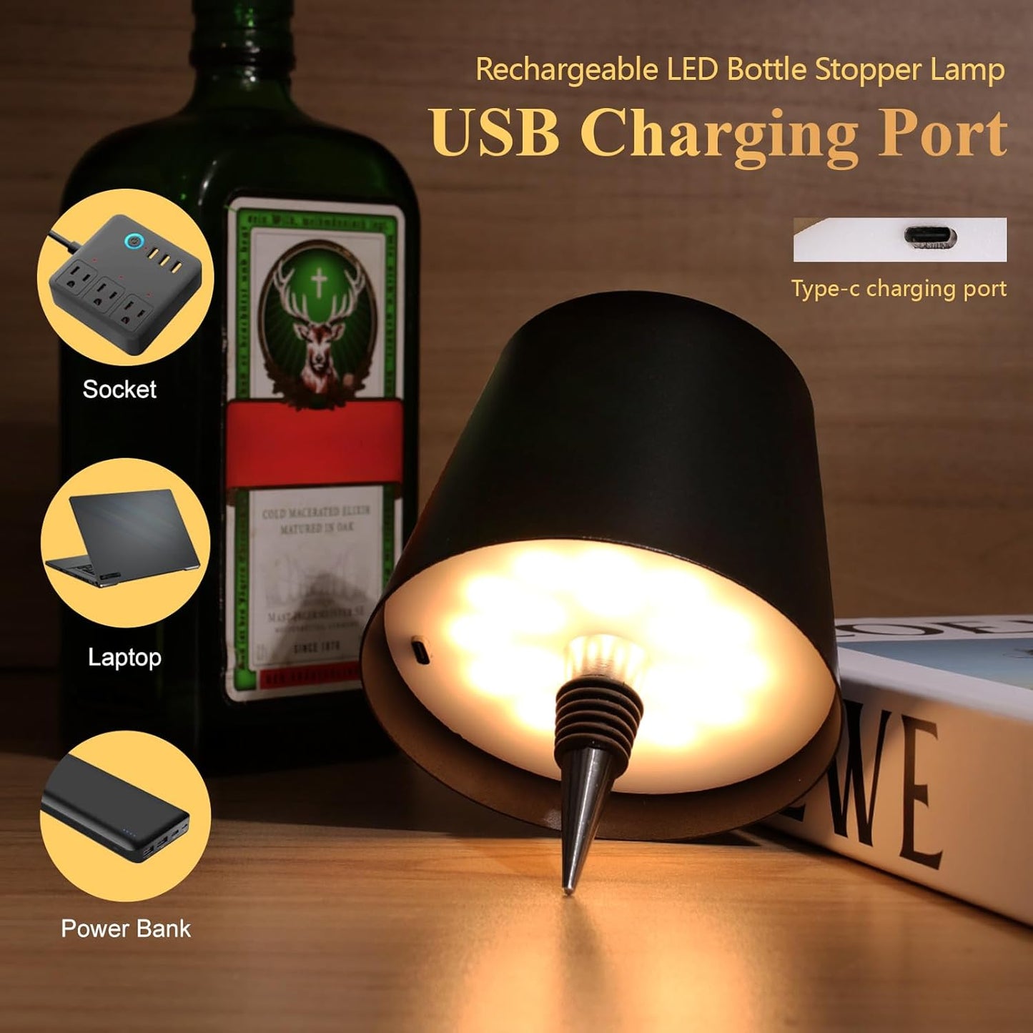 Mebaraul Wireless Bottle Lamp 3 Color Wine Bottle Lights Black Rechargeable, Touch Dimming, Bottle Lamp Shade, 2025 New, for Bedroom, Bar, Restaurants, Outdoor Use
