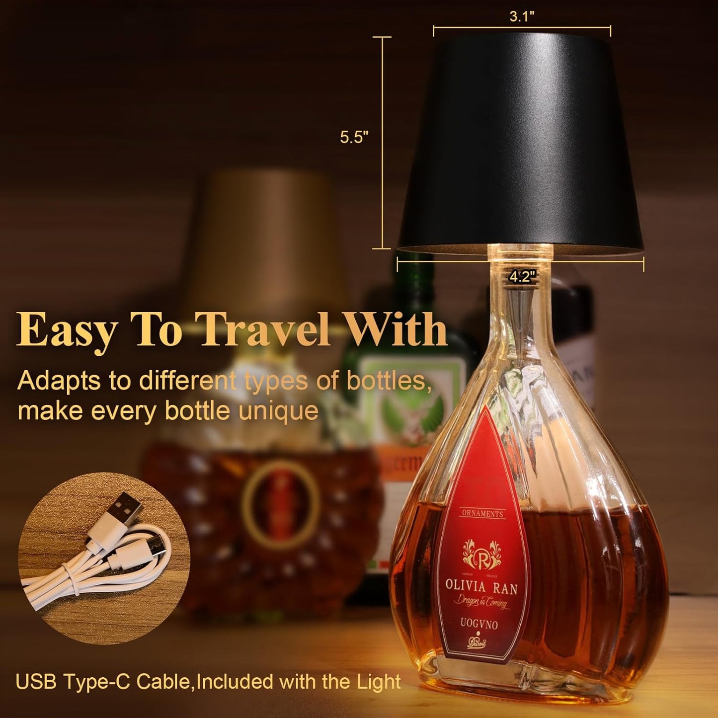 Mebaraul Wireless Bottle Lamp 3 Color Wine Bottle Lights Black Rechargeable, Touch Dimming, Bottle Lamp Shade, 2025 New, for Bedroom, Bar, Restaurants, Outdoor Use