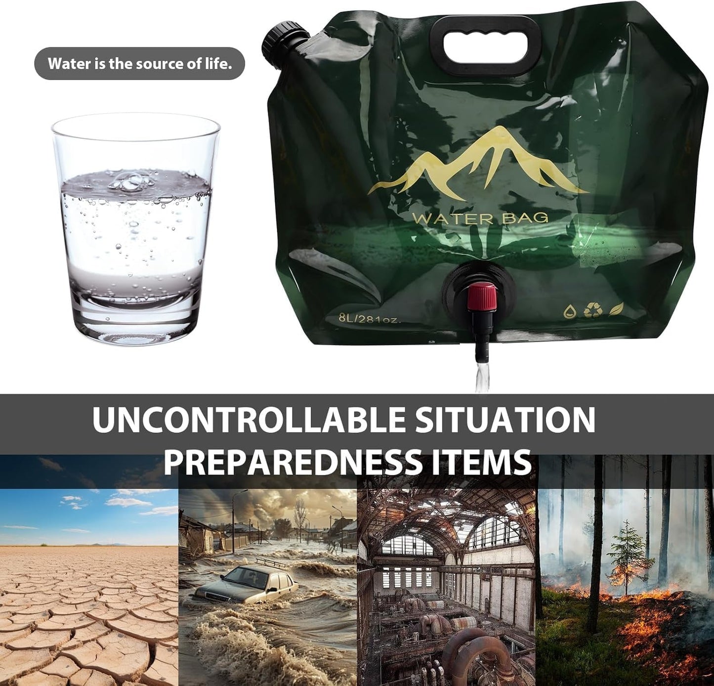 Vivue 8 Liter Collapsible Emergency Water Storage Bag with Tap for Camping, BPA Free Plastic Water Carrier Tank, Foldable Water Jug Container Bag for Travel, Hiking,Desert Survival,Outdoor Adventure