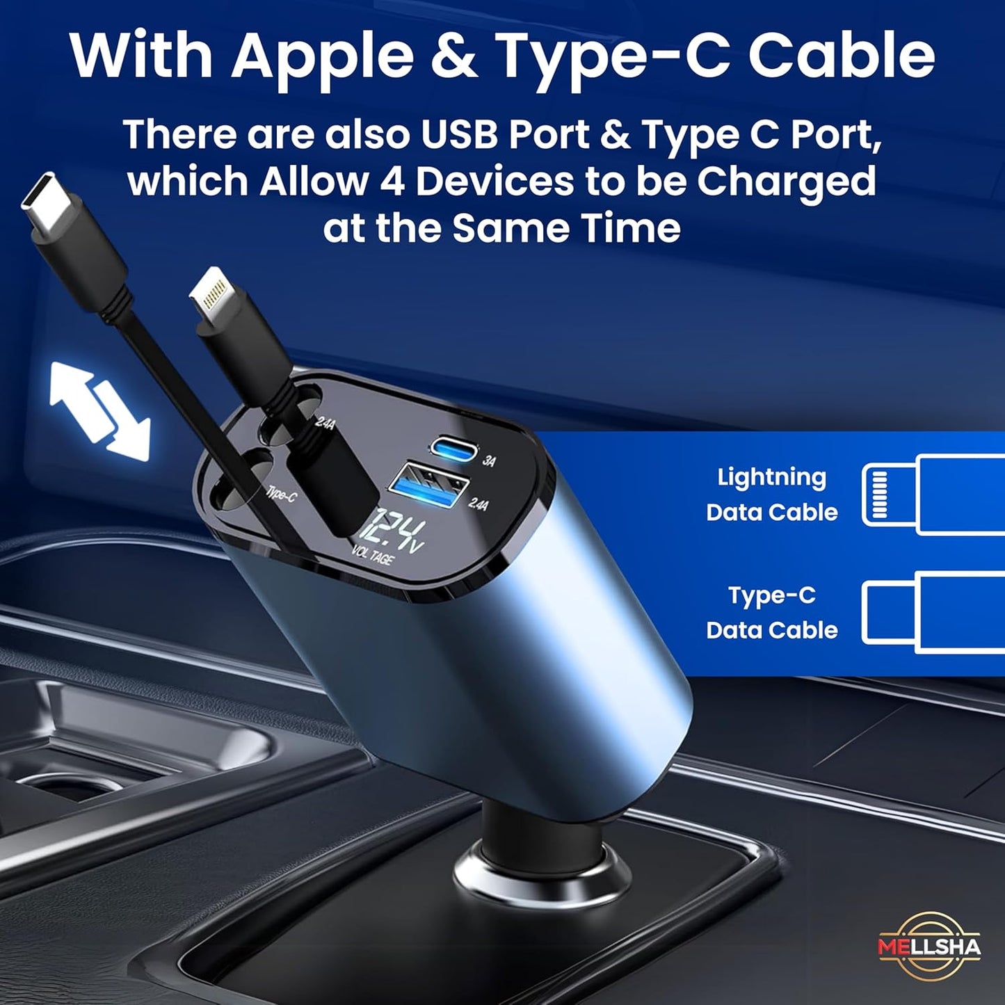 MELLSHA Retractable Car Charger, 100W 4-in-1 Super Fast Charge Car Mobile Charger, Retractable Cables (31.5 Inch) & Dual USB Ports Car Adapter for iPhone 15/14/13/12 Pro Max, iPad, Pixel – Silver