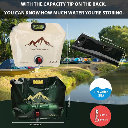 Vivue 8 Liter Collapsible Emergency Water Storage Bag with Tap for Camping, BPA Free Plastic Water Carrier Tank, Foldable Water Jug Container Bag for Travel, Hiking,Desert Survival,Outdoor Adventure